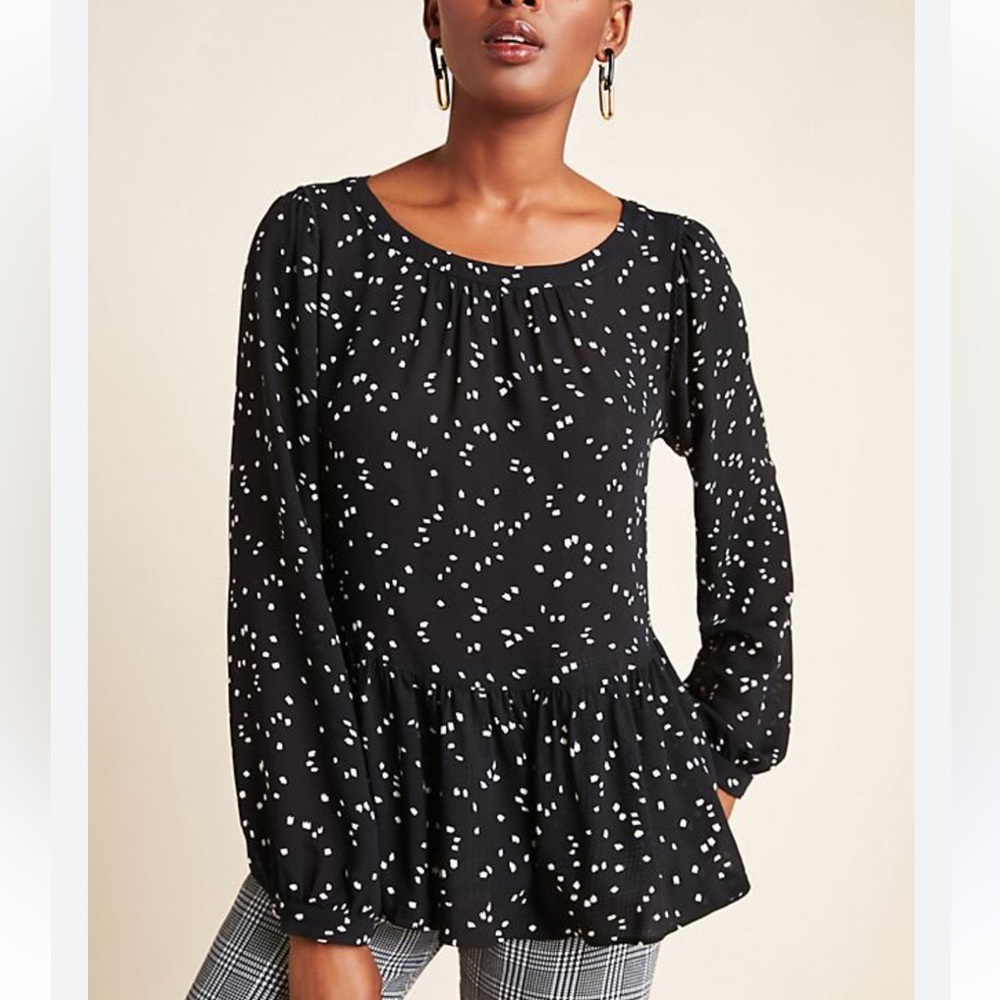 ANTHROPOLOGIE Maeve Black White Square Print Peplum Boho Peasant Top Size S